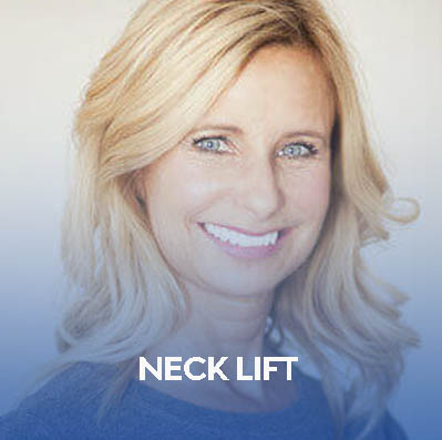 A smiling woman with blonde hair in Dallas, Texas, promoting neck lift services.